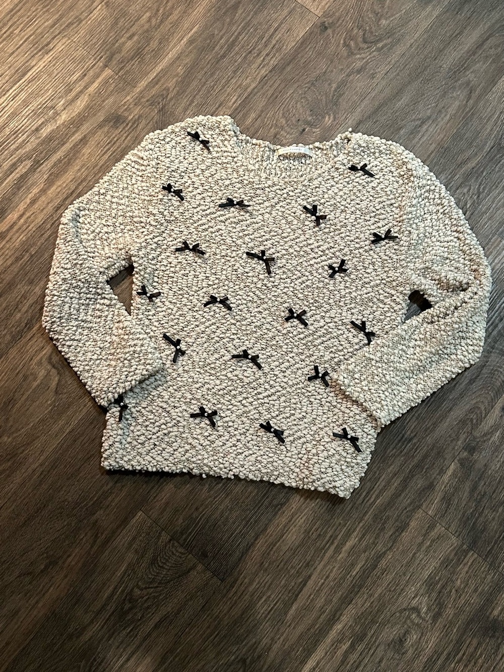 LC Lauren Conrad Ivory Popcorn Knit Sweater with Black Bows